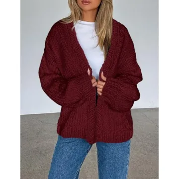 PRETTYGARDEN Womens Cardigan Sweaters 2025 Spring Fall Trendy Chunky Knit Outerwear Outfits Fashion Long Sleeve Cardigans (Wine Red,Medium)