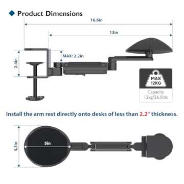 BONTEC Arm Rest Support Extender for Desk Armrest Pad Rotating Elbow Rest Holder (Black), Extendable & Adjustable, Aluminum Material