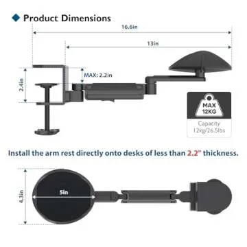 BONTEC Arm Rest Support Extender for Desk Armrest Pad Rotating Elbow Rest Holder (Black), Extendable & Adjustable, Aluminum Material