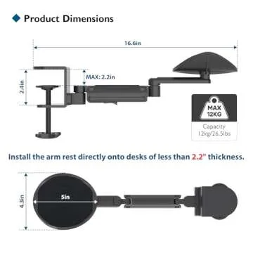 BONTEC Arm Rest Support Extender for Desk Armrest Pad Rotating Elbow Rest Holder (Black), Extendable & Adjustable, Aluminum Material