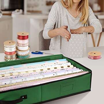 BALEINE Wrapping Paper Storage Organizer, 40" Durable 600D Oxford Fabric Gift Wrap Storage Bag with Flexible Partitions for Ribbon, Holiday Accessories (Green)