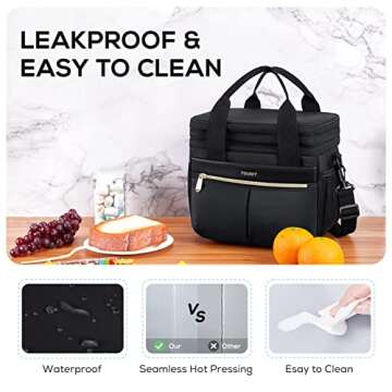 TOURIT Insulated Lunch Box Bag, Double Deck Leakproof Cooler Tote for Work Office Picnic, Expandable Lunch Container, Black