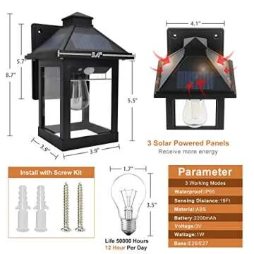 Nodfens 2 Pack Solar Wall Lanterns Outdoor with 3 Modes, Wireless Dusk to Dawn Motion Sensor LED Sconce Lights IP65 Waterproof, Exterior Front Porch Security Lamps Wall Mount Patio Fence