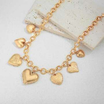 ENSKEFEN Chunky Heart Charm Necklaces for Women Vintage Gold Chain Necklace with Seven Textured Hear...