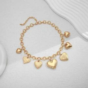 ENSKEFEN Chunky Heart Charm Necklaces for Women Vintage Gold Chain Necklace with Seven Textured Heart Pendants Retro Puffy Love Heart Necklace Statement Jewelry