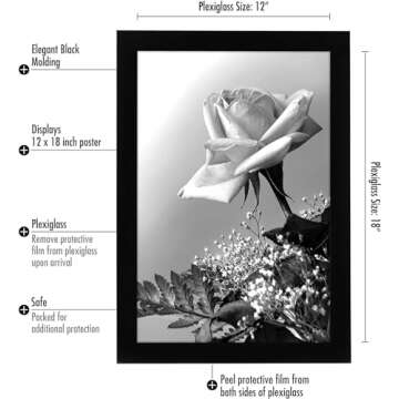 Americanflat 12x18 Poster Frame with Polished Plexiglass - Black Picture Frame with Engineered Wood ...