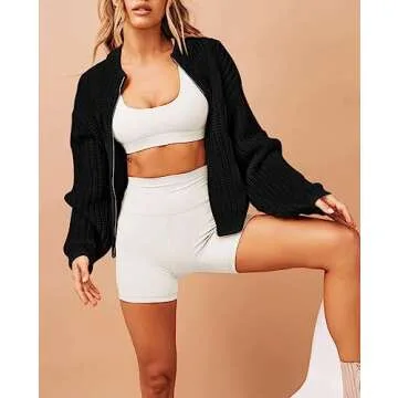 Viottiset Women's Full Zipper Oversized Cardigan Sweater Long Sleeve Chunky Knit Cardigans Jacket Coat Black L