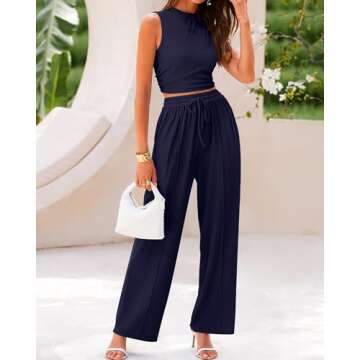 BTFBM Women Summer 2 Piece Outfits Ribbed Knit Crew Neck Sleeveless Cropped Top Elastic Waist Wide Leg Pants Lounge Set(Solid Navy, Medium)
