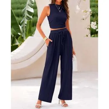 BTFBM Women Summer 2 Piece Outfits Ribbed Knit Crew Neck Sleeveless Cropped Top Elastic Waist Wide Leg Pants Lounge Set(Solid Navy, Medium)