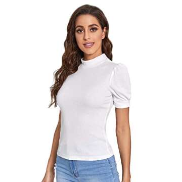 Shop Verdusa Puff Sleeve Mock Neck White T-Shirt Top for Summer