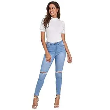 Shop Verdusa Puff Sleeve Mock Neck White T-Shirt Top for Summer