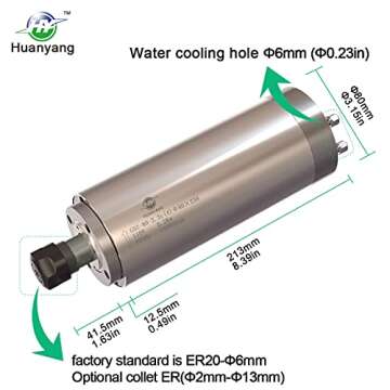 Huanyang Water Cooled CNC Spindle Milling Motor 110V 2.2KW 24000RPM 400hz Φ80mm ER20 Collet for Engraving Machine
