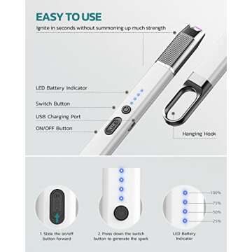 RONXS Electric Lighter, Candle Lighter with Safety Lock Windproof Flamless Arc Rechargeable Long Lighter with Battery Indicator