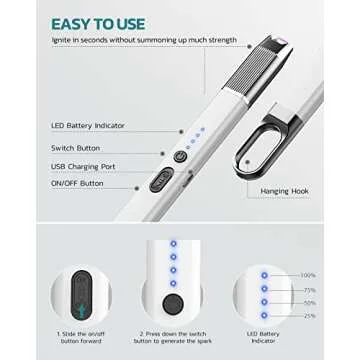 RONXS Electric Lighter, Candle Lighter with Safety Lock Windproof Flamless Arc Rechargeable Long Lighter with Battery Indicator