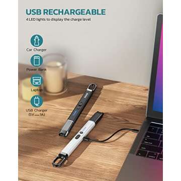 RONXS Electric Lighter, Candle Lighter with Safety Lock Windproof Flamless Arc Rechargeable Long Lighter with Battery Indicator