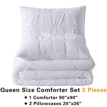 Andency White Queen Comforter Set(90x90Inch), 3 Pieces Cute Pinch Pleat Bedding Comforters & Sets fo...