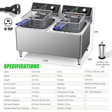TOPKITCH Deep fryer Commercial Deep Fryer 12L x 2/25.4QT Dual Tank Electric Deep Fryers with Basket Electric Countertop Fryer for Restaurant with 2 Frying Baskets, 3300W x 2, 240V Two 6-15 Phase Plugs