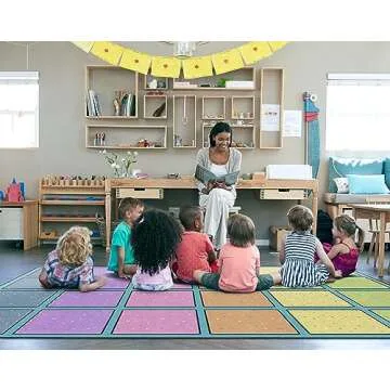 Flagship Carpets Happy Squares Educational Area Rug for Kids Room Seating Décor, Children's Classro...