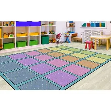 Flagship Carpets Happy Squares Educational Area Rug for Kids Room Seating Décor, Children's Classroom, Play Carpet for Teaching and Playroom, Seats 24, 7'6"x12', Blue & Multi Color