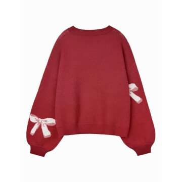 Libsorge Womens Oversized Cute Bow Tie Sweater Fall Winter 2024 Spring 2025 Ladies Dressy Casual Cozy Chunky Ribbed Knit Crewneck Long Sleeve Pullover Tops Red