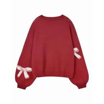 Libsorge Womens Oversized Cute Bow Tie Sweater Fall Winter 2024 Spring 2025 Ladies Dressy Casual Cozy Chunky Ribbed Knit Crewneck Long Sleeve Pullover Tops Red