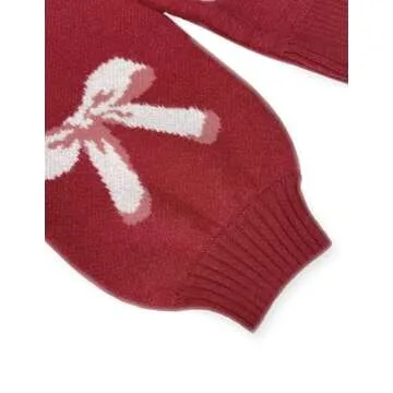 Libsorge Womens Oversized Cute Bow Tie Sweater Fall Winter 2024 Spring 2025 Ladies Dressy Casual Cozy Chunky Ribbed Knit Crewneck Long Sleeve Pullover Tops Red