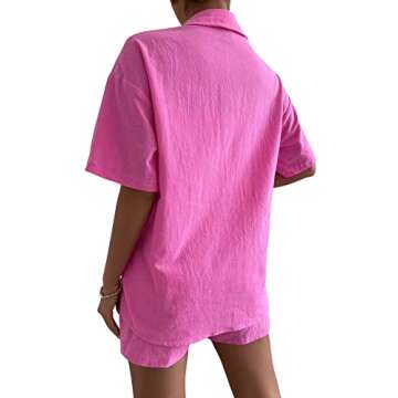 SweatyRocks Women's 2 Piece Outfits Half Sleeve Drop Shoulder Button Front Blouse and Straight Leg Shorts Set Hot Pink S