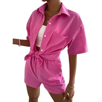 SweatyRocks Women's 2 Piece Outfits Half Sleeve Drop Shoulder Button Front Blouse and Straight Leg Shorts Set Hot Pink S