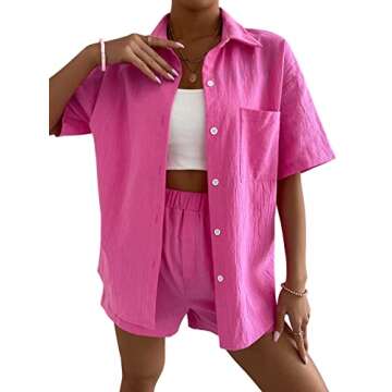 SweatyRocks Women's 2 Piece Outfits Half Sleeve Drop Shoulder Button Front Blouse and Straight Leg Shorts Set Hot Pink S