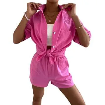 SweatyRocks Women's 2 Piece Outfits Half Sleeve Drop Shoulder Button Front Blouse and Straight Leg Shorts Set Hot Pink S