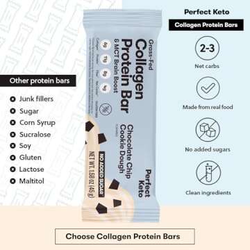 Perfect Keto Bars, Gluten Free Grass Fed Collagen + MCT Oil, Low Carb, No Sugar Added, High Protein Snacks, Keto Diet Foods, 11g Protein, 18g Fat, 3g Net Carbs, Chocolate Chip, 12 Bars