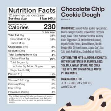 Perfect Keto Bars, Gluten Free Grass Fed Collagen + MCT Oil, Low Carb, No Sugar Added, High Protein Snacks, Keto Diet Foods, 11g Protein, 18g Fat, 3g Net Carbs, Chocolate Chip, 12 Bars