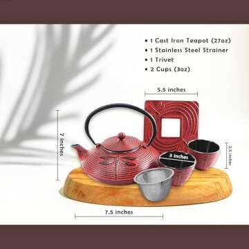 Cuisiland 27oz Cast Iron Teapot Set, Japanese Tetsubin Teapot with Enamel Coated Interior, Dragonfly...