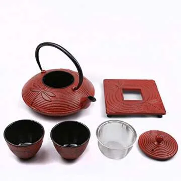 Cuisiland 27oz Cast Iron Teapot Set, Japanese Tetsubin Teapot with Enamel Coated Interior, Dragonfly Design, Excellent Heat Retention, Includes Infuser, Trivet & 2 Tea Cups (Red)