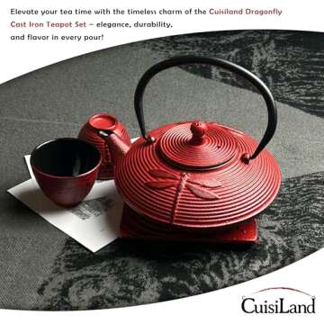 Cuisiland 27oz Cast Iron Teapot Set, Japanese Tetsubin Teapot with Enamel Coated Interior, Dragonfly Design, Excellent Heat Retention, Includes Infuser, Trivet & 2 Tea Cups (Red)