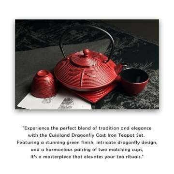 Cuisiland 27oz Cast Iron Teapot Set, Japanese Tetsubin Teapot with Enamel Coated Interior, Dragonfly Design, Excellent Heat Retention, Includes Infuser, Trivet & 2 Tea Cups (Red)