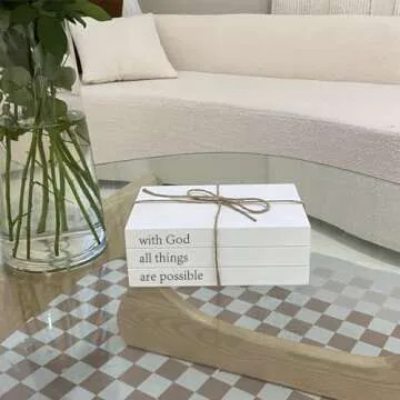 Decorative Books for Home Decor, White Faux Books for Decoration, Rustic Farmhouse Stacked Display Books (with God All Things are Possible)