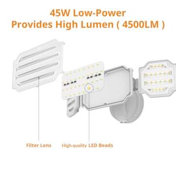 LEPOWER 4500LM LED Flood Light Outdoor Dusk to Dawn, 45W Security Lights Outdoor with 3 Adjustable Heads, IP65 Waterproof, 5000K, Photocell Flood Light Fixture for Garage, Patio, Yard