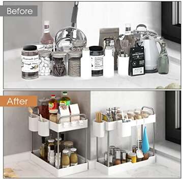 VIVAIVE 2 Pack Under Sink Organizer,2 Tier Under Sink Storage Organizer with Hooks and Hanging Cups for Bathroom,Kitchen Multi-Purpose Standing Rack Organizer,Bathroom Collection Baskets