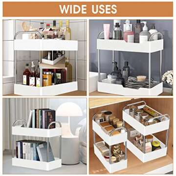 VIVAIVE 2 Pack Under Sink Organizer,2 Tier Under Sink Storage Organizer with Hooks and Hanging Cups for Bathroom,Kitchen Multi-Purpose Standing Rack Organizer,Bathroom Collection Baskets