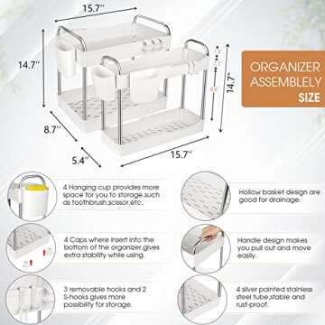 VIVAIVE 2 Pack Under Sink Organizer,2 Tier Under Sink Storage Organizer with Hooks and Hanging Cups for Bathroom,Kitchen Multi-Purpose Standing Rack Organizer,Bathroom Collection Baskets