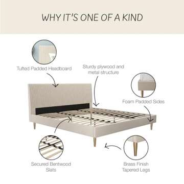 Mr. Kate Daphne Upholstered Bed with Headboard and Modern Platform Frame, King, Ivory Velvet