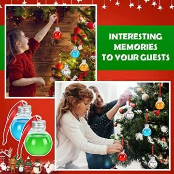 Nuogo 60 Pcs Christmas Booze Balls Plastic Fillable Ball Ornament Christmas Tree Hanging Ornaments Water Bottle Bulbs with Red Strings for Home Xmas Holiday Party Decor