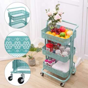 DOEWORKS 3-Tier Utility Cart in Aqua Blue for Easy Storage
