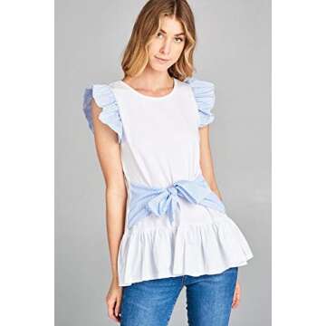 IntoYou Women's Seersucker Ruffle Sleeve and Tie Front Tunic Top
