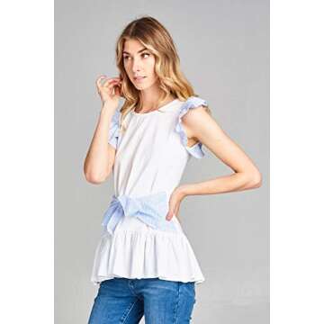 IntoYou Women's Seersucker Ruffle Sleeve and Tie Front Tunic Top