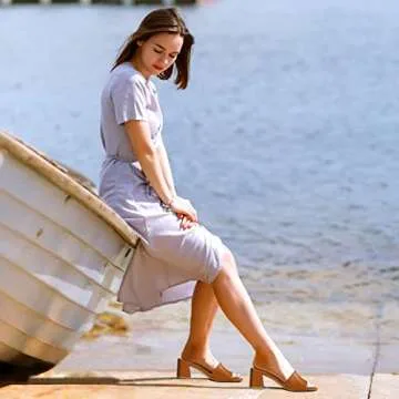 PIZZ ANNU Women's Square Open Toe Heels Sandals Low Block Chunky Heeled Sandal Slip on Mules Comfortable Casual Dress Pumps Shoes, Toffee 9