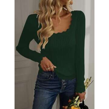 LOLONG Women Long Sleeve Square Neck Pullover Sweaters Trendy Fall T Shirts Casual Basic Slim Fitted Knit Stretch Spring Work Tops Dark Green