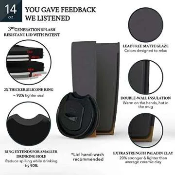 Mora Double Wall Ceramic Coffee Travel Mug with Lid, 14 oz, Portable, Microwave, Dishwasher Safe, Insulated Reusable Tall Cup, Splash Resistant Lid - To Go Tumbler for Car Cup Holder, Nightwaves