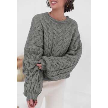 PRETTYGARDEN Womens Sweaters Spring 2025 Cable Knit Long Sleeve Crewneck Oversized Sweater Chunky Pullover Loose Outfits (Grey, X-Large)